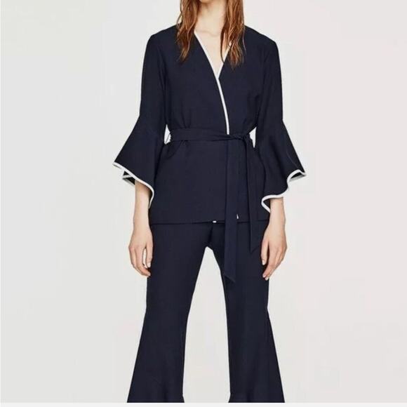 Zara Navy Bell Sleeve Wrap Blouse Blazer with White Trim, Medium - Picture 9 of 11